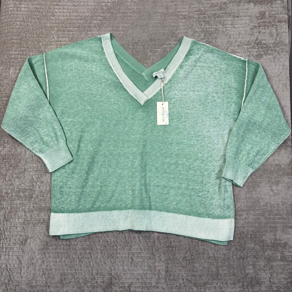 Sundance XXL Green Cotton V-Neck Knit Sweater Acid Wash Oversized Pullover NEW